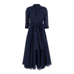 Plain Women Blue Long Dress With Waistband And Classic Collar In Fabric Woman